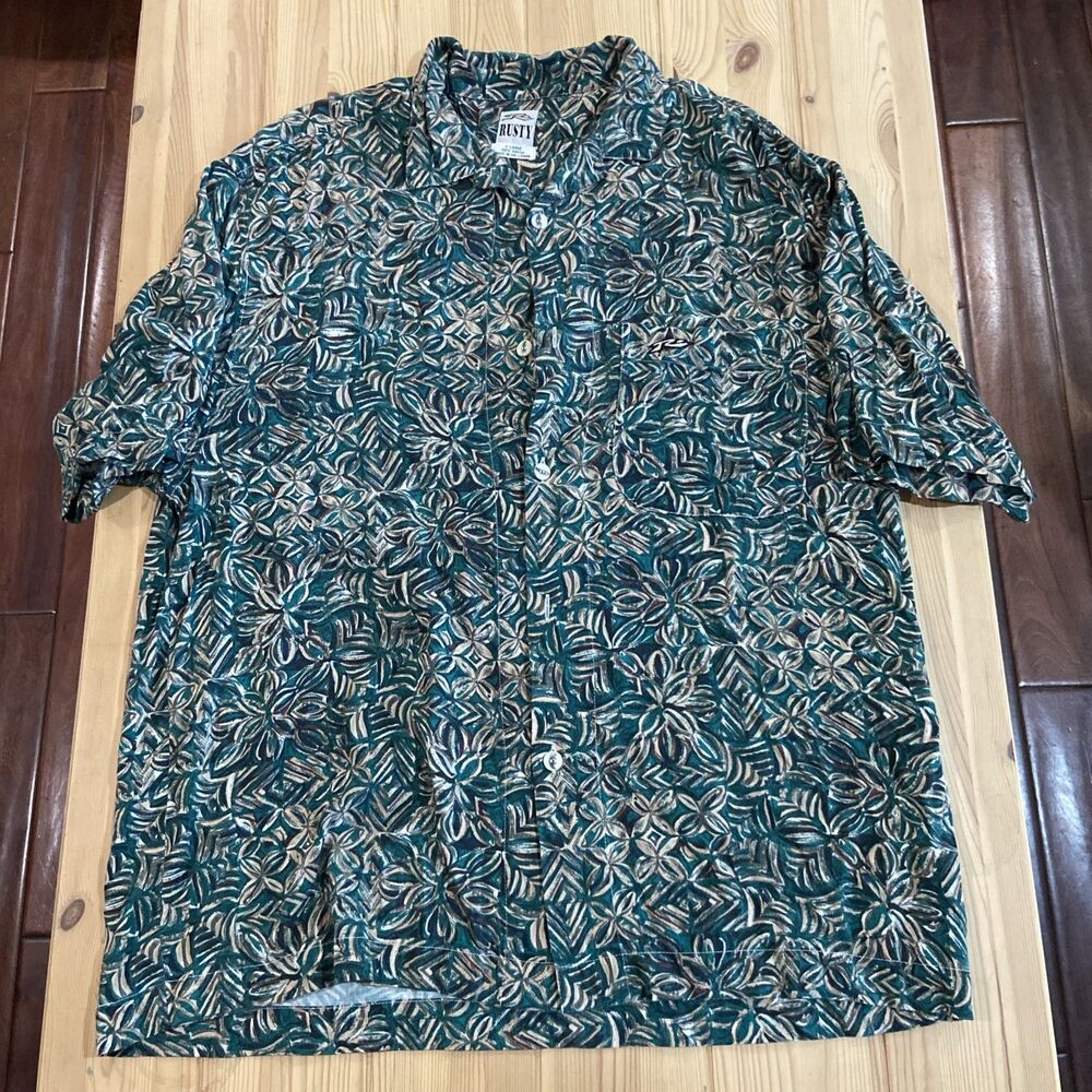 Vintage Rusty Camp Shirt Mens XL Rayon Floral Hawaiian Aloha Skate Surf Y2K